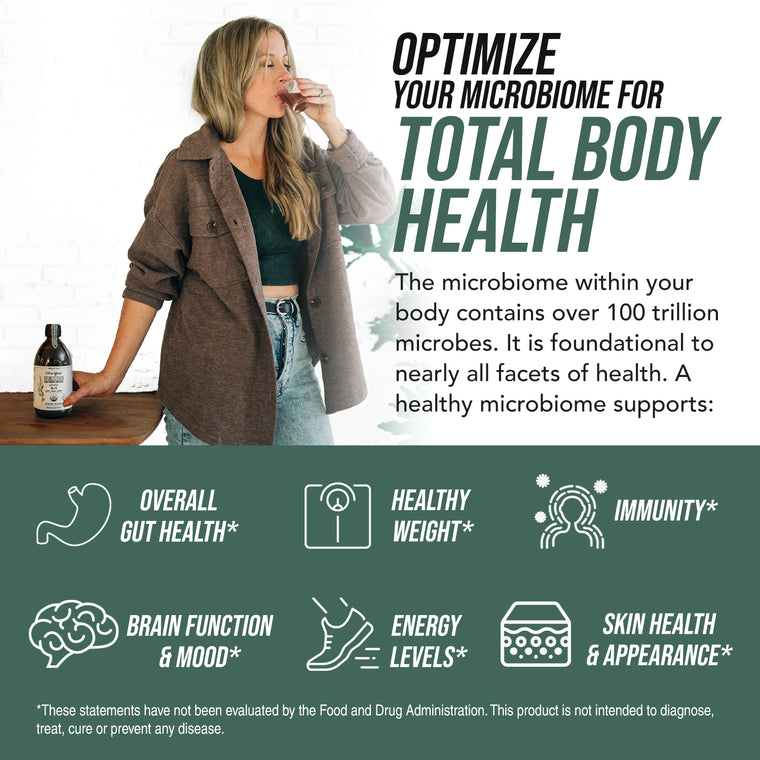 Woman drinking Triquetra Flora Biome liquid probiotic for microbiome balance and total body health
