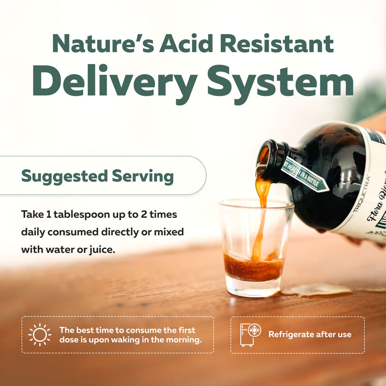 Triquetra Flora Biome liquid probiotic being poured into a glass showing suggested serving for gut and microbiome support