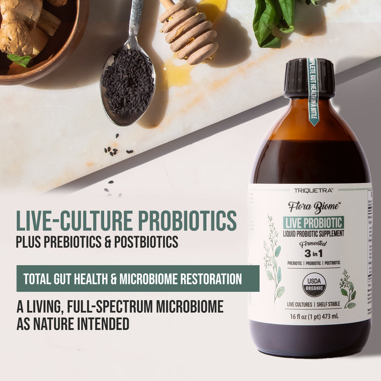 Triquetra Flora Biome fermented liquid probiotic with herbal prebiotics and live cultures for gut health