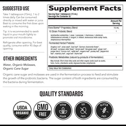 Triquetra Flora Biome supplement facts panel showing probiotic strains fermented herbal prebiotics and postbiotic metabolites