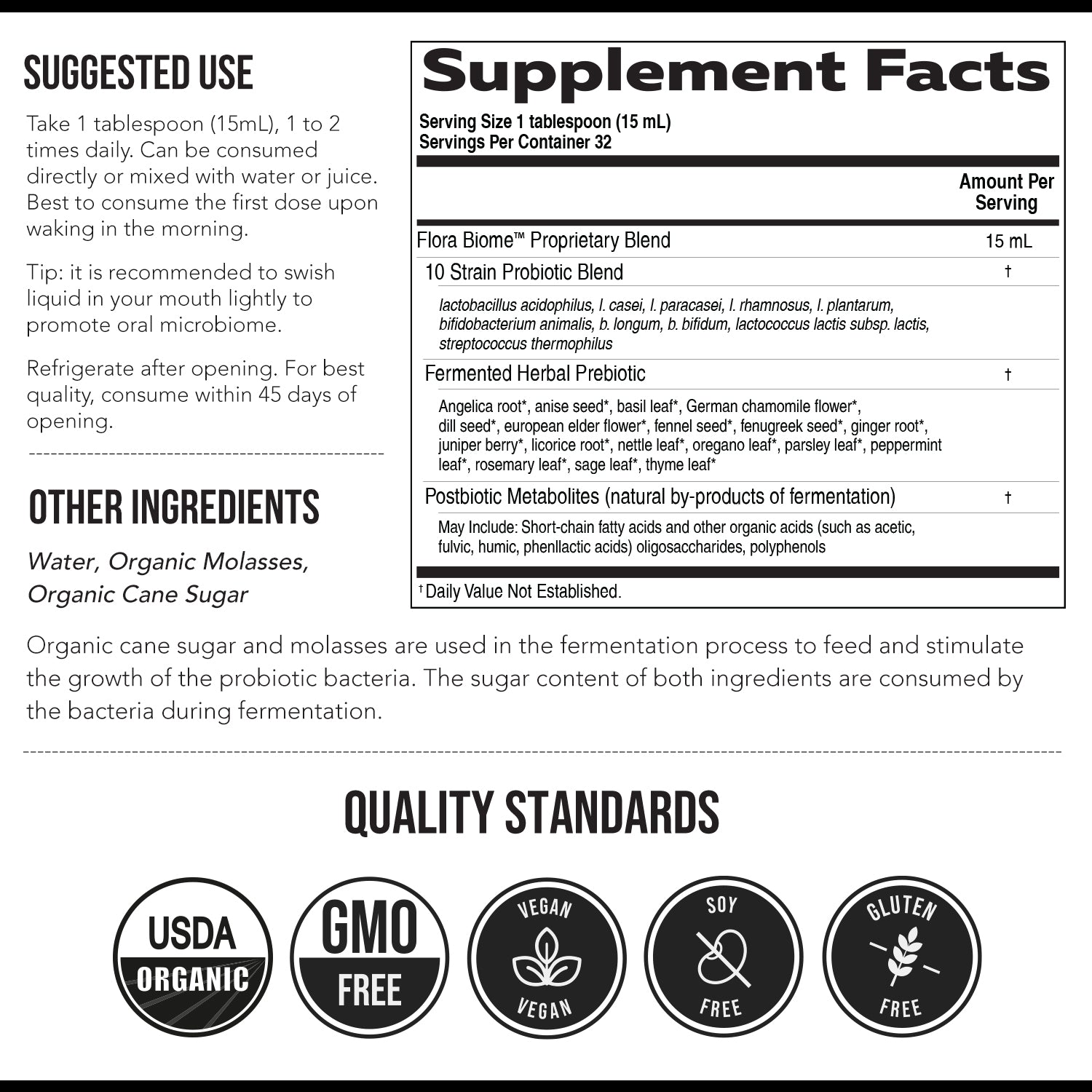 Triquetra Flora Biome supplement facts panel showing probiotic strains fermented herbal prebiotics and postbiotic metabolites