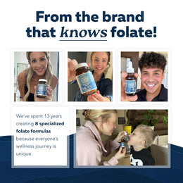 Customers holding folate supplements and parent using liquid folate drops with child showing Triquetra product use