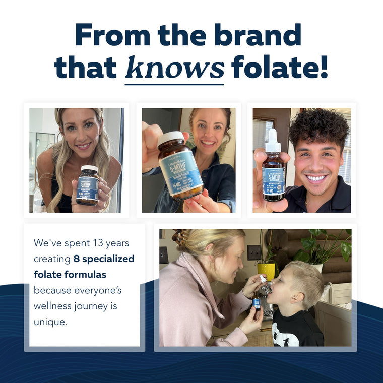 Customers holding folate supplements and parent using liquid folate drops with child showing Triquetra product use
