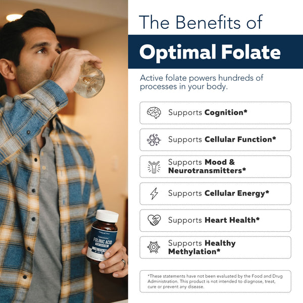 Adult drinking water holding folinic acid supplement bottle with benefits list including cognition cellular function and methylation