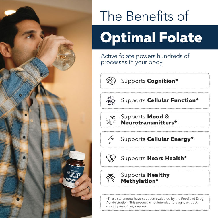 Adult drinking water holding folinic acid supplement bottle with benefits list including cognition cellular function and methylation