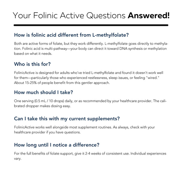 Folinic acid supplement FAQ covering dosage methylfolate comparison usage and timing questions for daily supplement routine