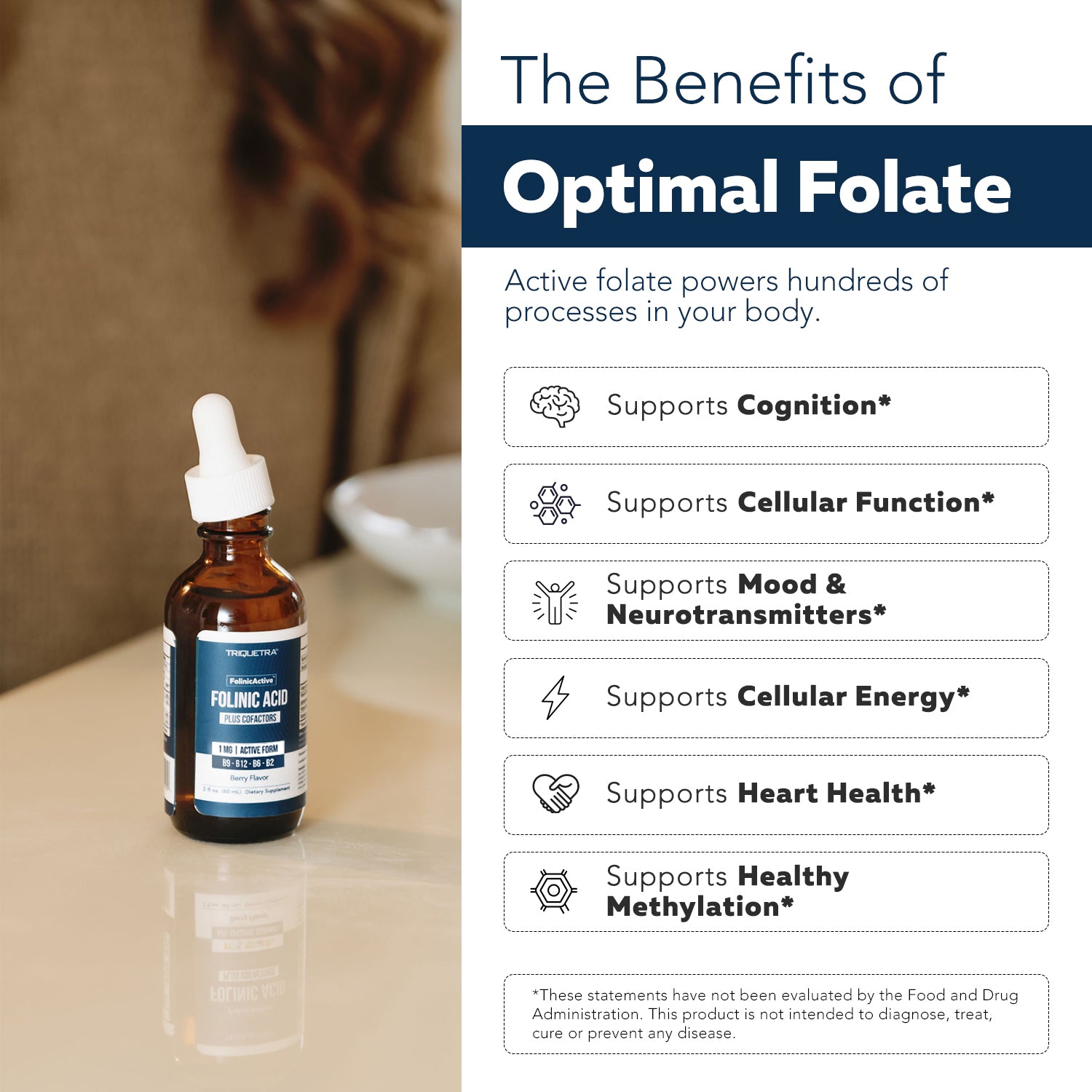 Folinic acid liquid drops bottle with benefits list including cognition cellular function mood neurotransmitters and methylation