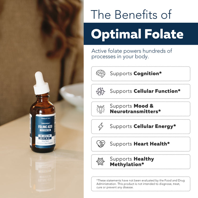 Folinic acid liquid drops bottle with benefits list including cognition cellular function mood neurotransmitters and methylation