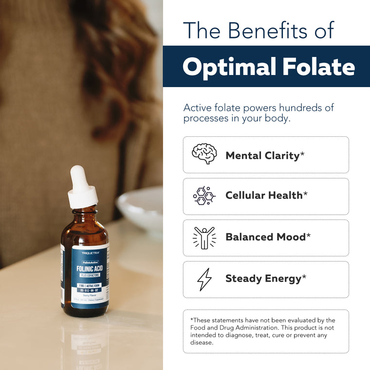 Folinic acid liquid drops bottle with optimal folate benefits list including mental clarity cellular health balanced mood and energy