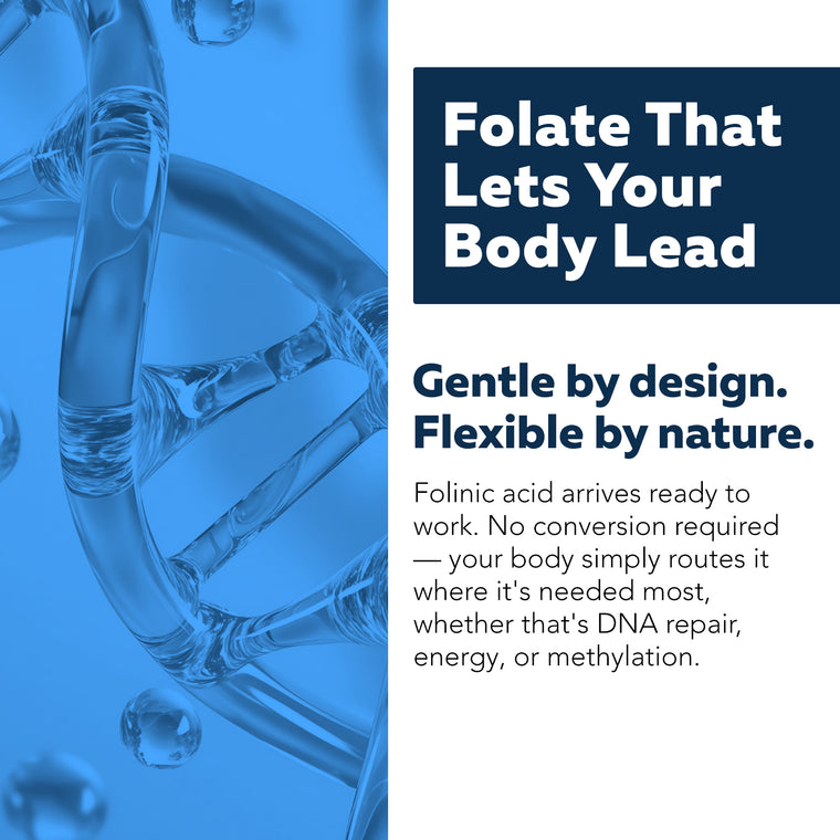 Folinic acid active folate diagram with DNA strand showing methylation pathways and no conversion required function
