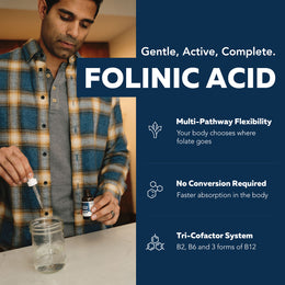 Adult using folinic acid liquid drops with water showing multi pathway folate flexibility and tri cofactor system ingredients