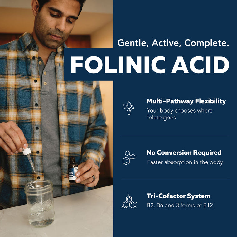 Adult using folinic acid liquid drops with water showing multi pathway folate flexibility and tri cofactor system ingredients