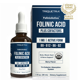 Triquetra Health FolinicActive folinic acid liquid drops 1mg 30 mL bottle with tri cofactor system B12 B6 B2 active folate supplement