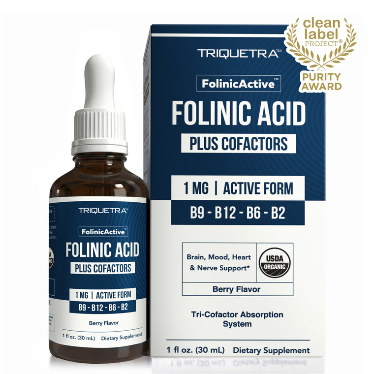 Triquetra Health FolinicActive folinic acid liquid drops 1mg 30 mL bottle with tri cofactor system B12 B6 B2 active folate supplement