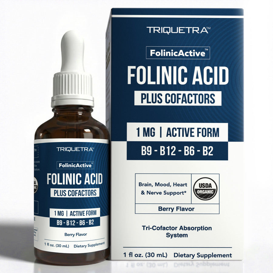 Triquetra Health FolinicActive folinic acid liquid drops 1mg 30 mL bottle with tri cofactor system B12 B6 B2 active folate supplement