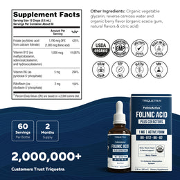 Folinic acid liquid supplement facts panel showing folate B12 B6 and B2 with certifications bottle and box packaging