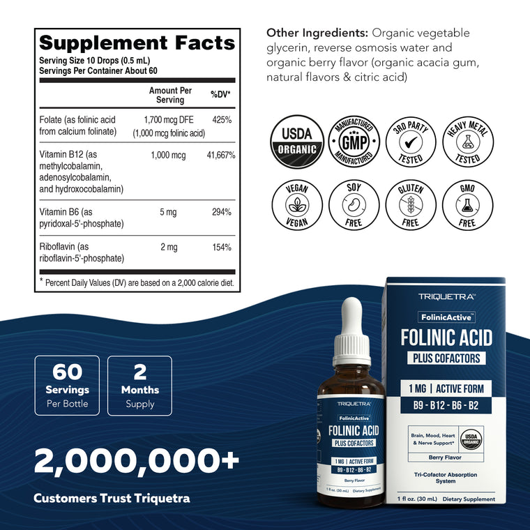 Folinic acid liquid supplement facts panel showing folate B12 B6 and B2 with certifications bottle and box packaging