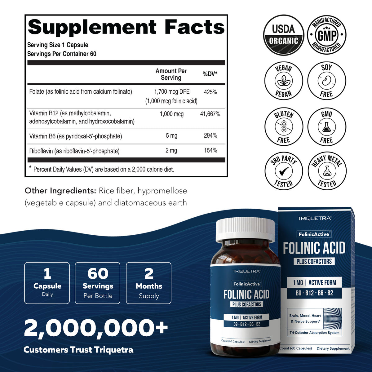 Folinic acid supplement facts panel showing 1mg folinic acid with vitamin B12 B6 and B2 plus certifications and bottle