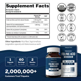 Folinic acid supplement facts panel showing 1mg folinic acid with vitamin B12 B6 and B2 plus certifications and bottle