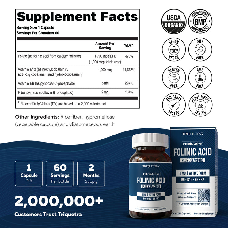 Folinic acid supplement facts panel showing 1mg folinic acid with vitamin B12 B6 and B2 plus certifications and bottle