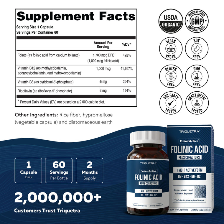 Folinic acid supplement facts panel showing 1mg folinic acid with vitamin B12 B6 and B2 plus certifications and bottle