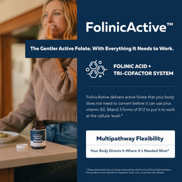 Adult taking folinic acid supplement capsule with water Triquetra Health FolinicActive bottle on table daily wellness routine