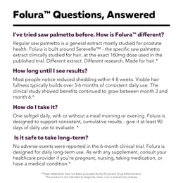 Folura FAQ answering common questions about Serevelle saw palmetto, timeline for results, and daily usage