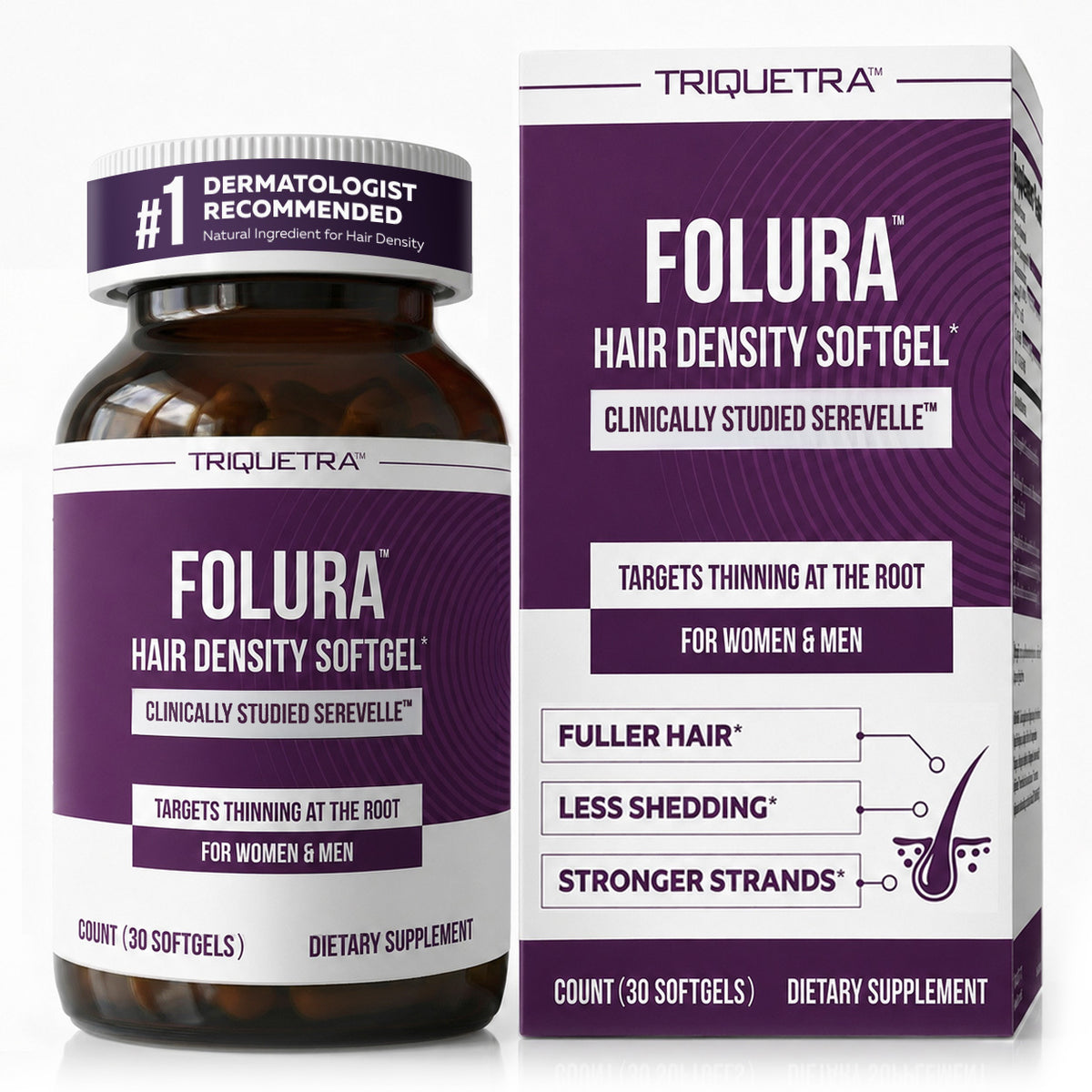 Folura saw palmetto hair density softgel bottle and box, 30 softgels, for men and women