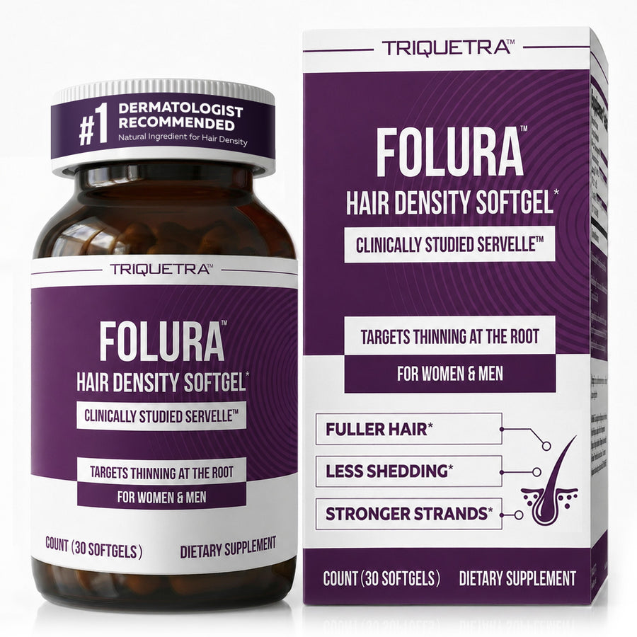 Folura saw palmetto hair density softgel bottle and box, 30 softgels, for men and women
