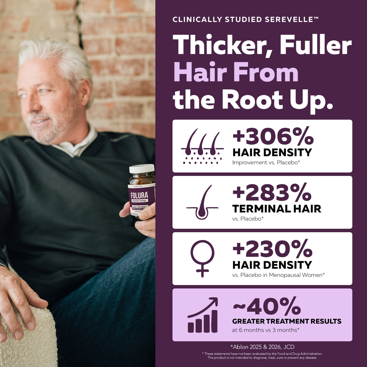 Man holding Folura saw palmetto softgel bottle beside Serevelle clinical study statistics graphic