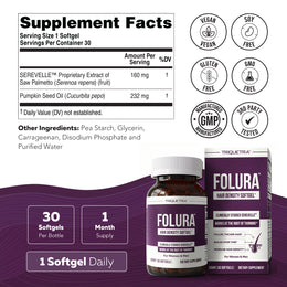 Folura supplement facts panel: Serevelle saw palmetto 160 mg and pumpkin seed oil 232 mg per softgel
