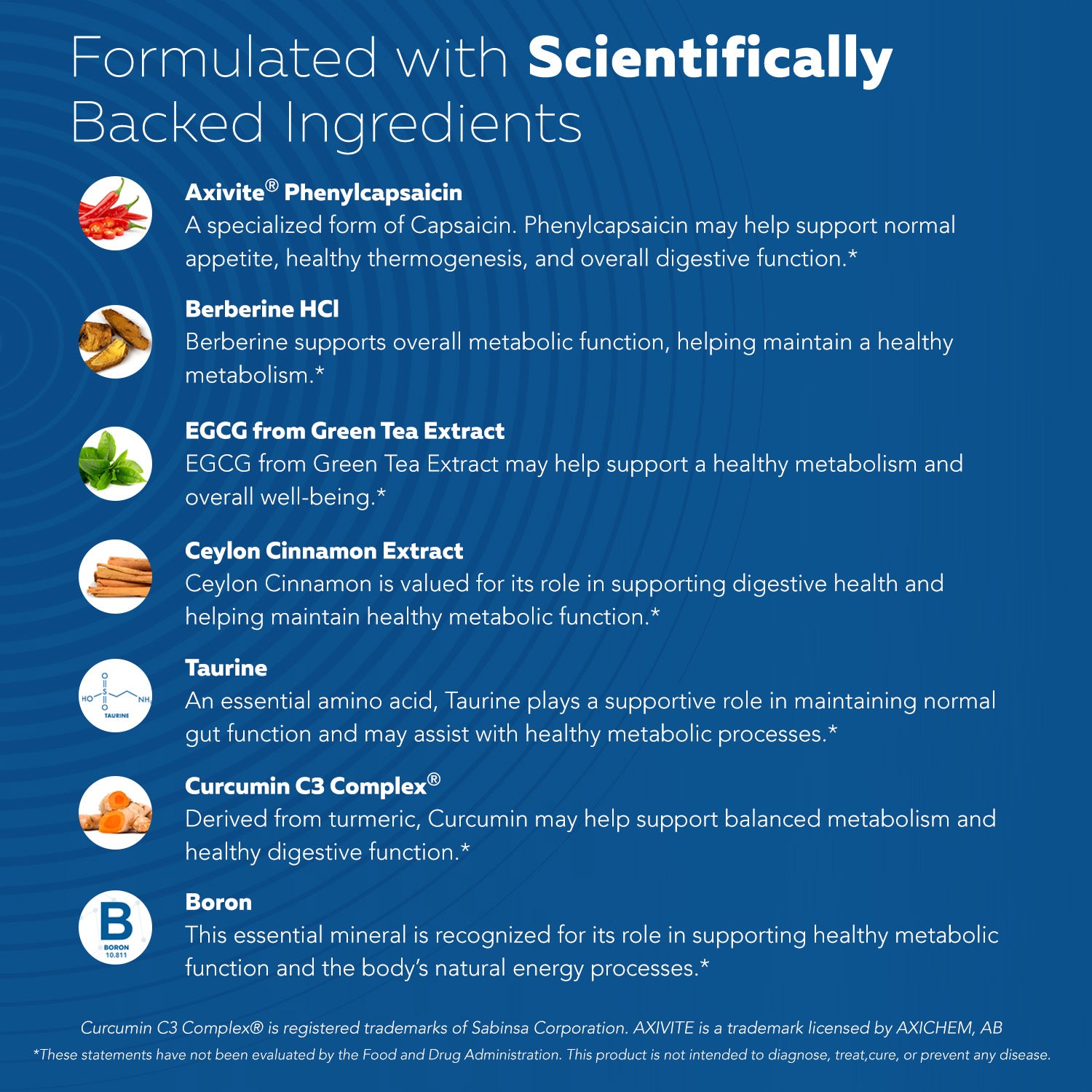 GLP-Activate scientifically backed ingredients including phenylcapsaicin, berberine, green tea EGCG, Ceylon cinnamon, taurine, curcumin, and boron for metabolic and appetite support