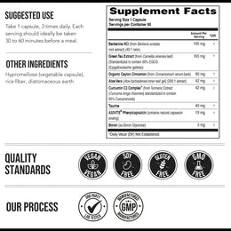 Supplement facts panel for GLP-Activate showing serving size, ingredients including berberine, green tea extract, cinnamon, curcumin, taurine, phenylcapsaicin and boron, with suggested use and quality certifications