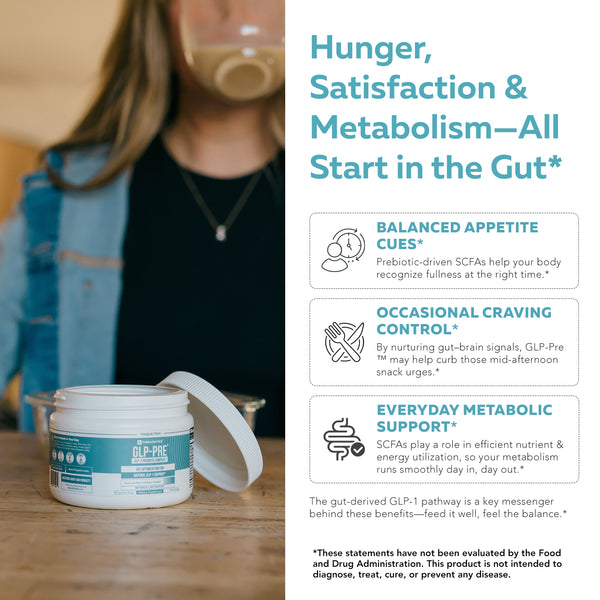 GLP-Pre prebiotic fiber complex supporting the gut-driven GLP-1 pathway for balanced appetite cues, occasional craving control and everyday metabolic support