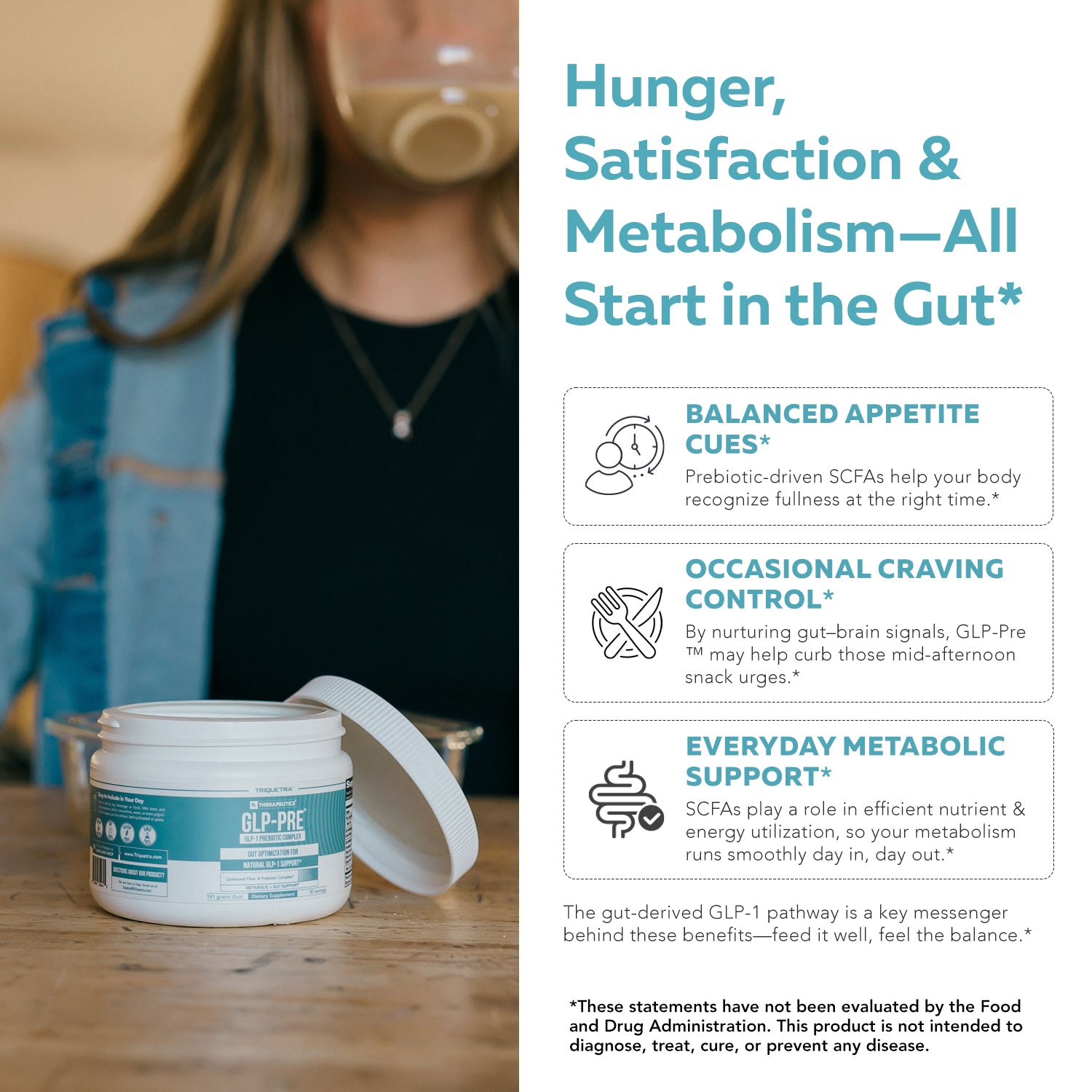 GLP-Pre prebiotic fiber complex supporting the gut-driven GLP-1 pathway for balanced appetite cues, occasional craving control and everyday metabolic support