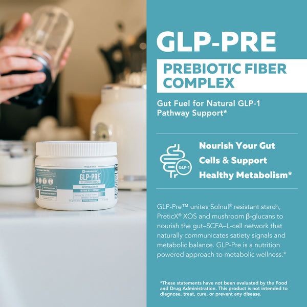 GLP-Pre prebiotic fiber complex powder supporting the natural GLP-1 pathway with resistant starch, XOS and mushroom beta glucans for gut health and metabolic support