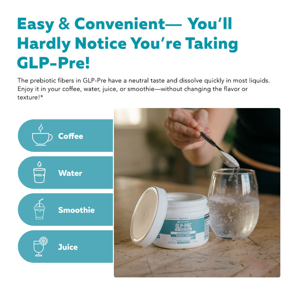 GLP-Pre prebiotic fiber powder dissolving in water with resistant starch, XOS and mushroom beta glucans designed to support the natural GLP-1 pathway and gut microbiome health