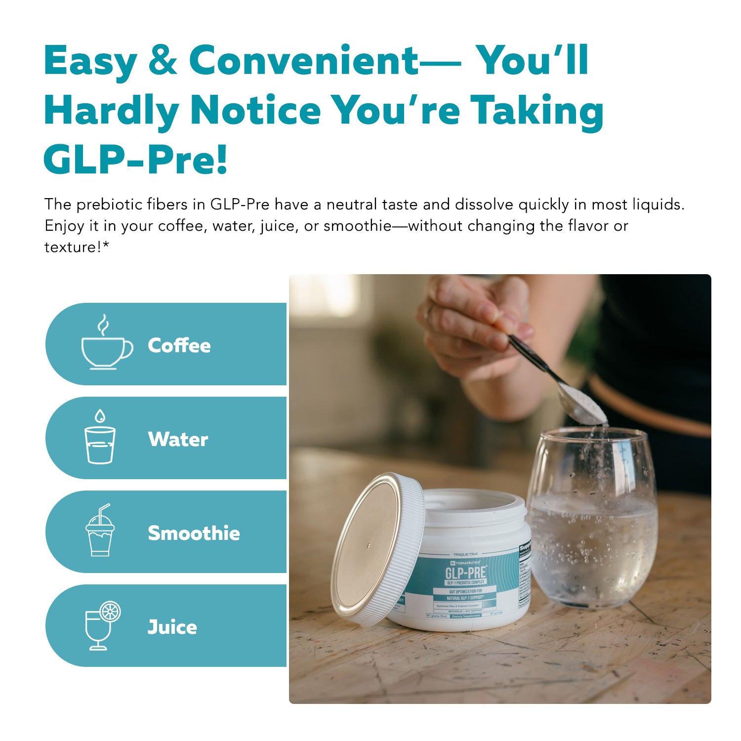 GLP-Pre prebiotic fiber powder dissolving in water with resistant starch, XOS and mushroom beta glucans designed to support the natural GLP-1 pathway and gut microbiome health