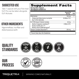 GLP-Pro supplement facts showing Akkermansia muciniphila, ButyraGen tributyrin complex, Bacillus spore probiotics, suggested use, and vegan non-GMO quality standards