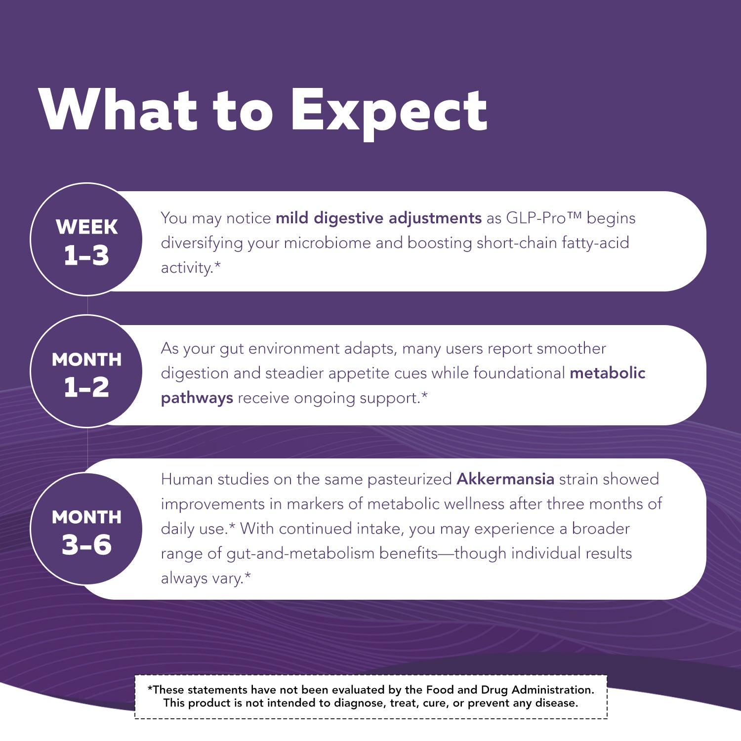 GLP-Pro probiotic postbiotic supplement timeline showing digestive microbiome changes and metabolic support from week 1 to month 6 with Akkermansia-based gut health benefits