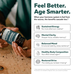 Hands dispensing a HormonIQ capsule next to a list of hormone optimization benefits like energy, clarity, and mood
