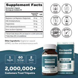 HormonIQ supplement facts panel — Pregnenolone 50mg, DHEA 25mg, DIM 150mg per capsule