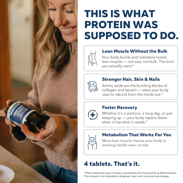Instant Aminos tablets benefits — supports lean muscle, recovery, hair skin nails, and metabolic function in daily use