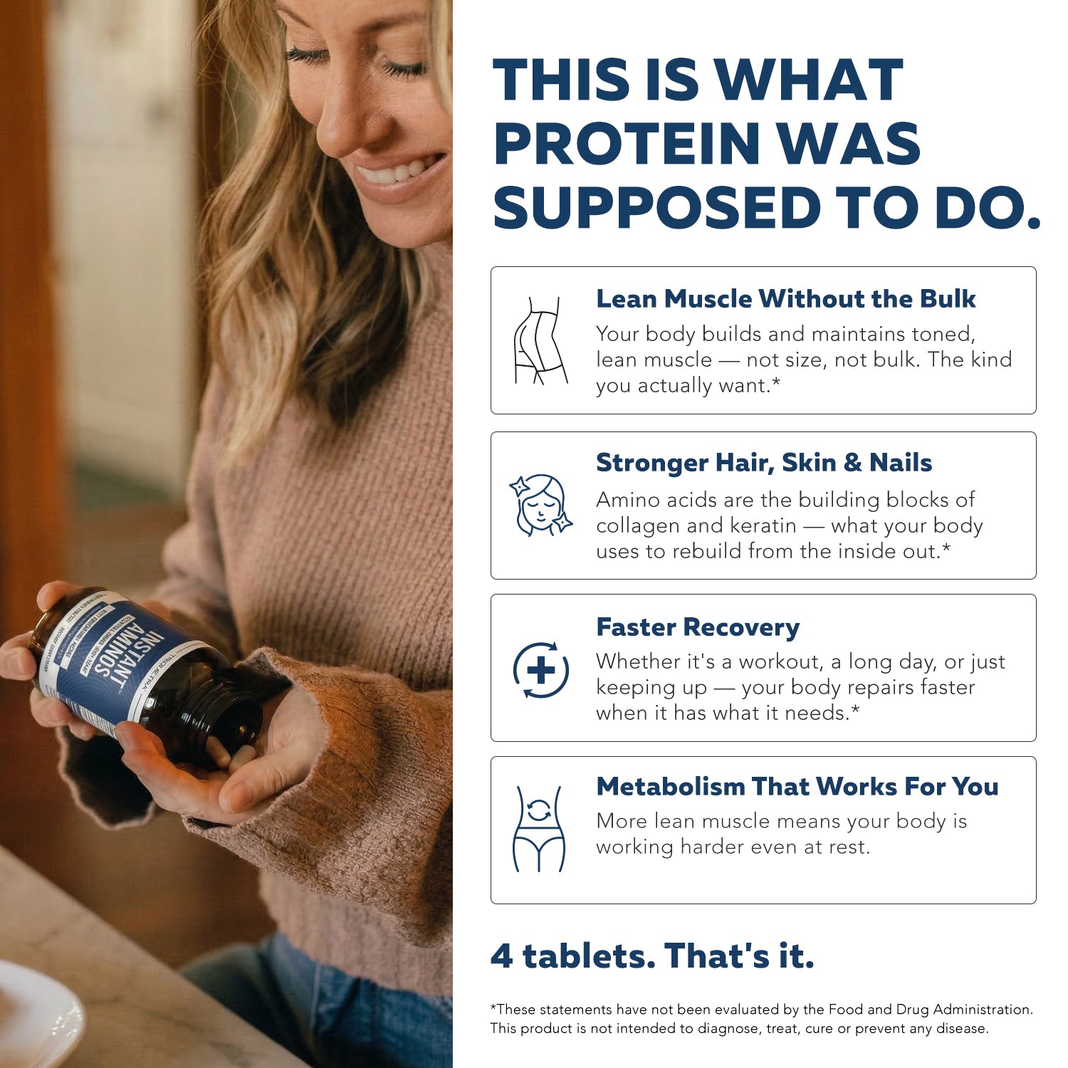 Instant Aminos tablets benefits — supports lean muscle, recovery, hair skin nails, and metabolic function in daily use