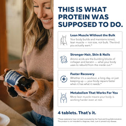 Instant Aminos tablets benefits — supports lean muscle, recovery, hair skin nails, and metabolic function in daily use