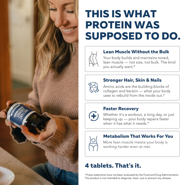 Instant Aminos tablets benefits — supports lean muscle, recovery, hair skin nails, and metabolic function in daily use