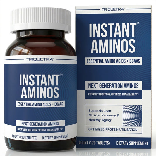 Instant Aminos capsules bottle by Triquetra, essential amino acids EAA and BCAA supplement for muscle recovery, energy, and metabolic support