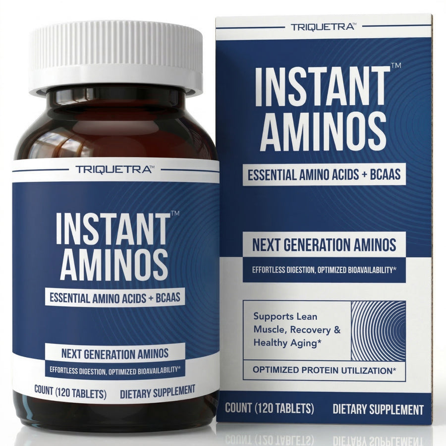 Instant Aminos capsules bottle by Triquetra, essential amino acids EAA and BCAA supplement for muscle recovery, energy, and metabolic support