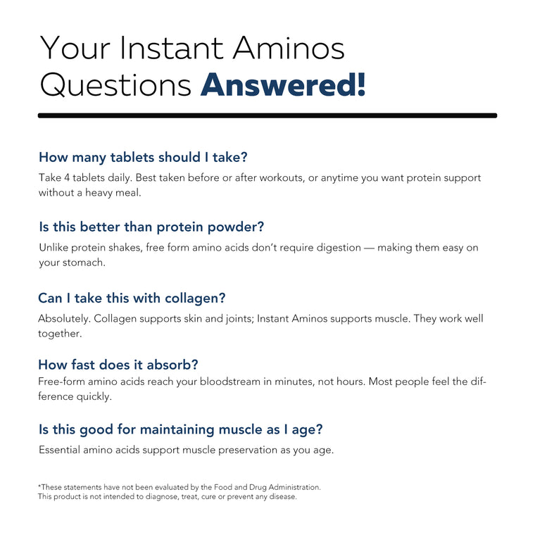 Instant Aminos FAQ — dosage, absorption speed, protein comparison, and daily use questions answered