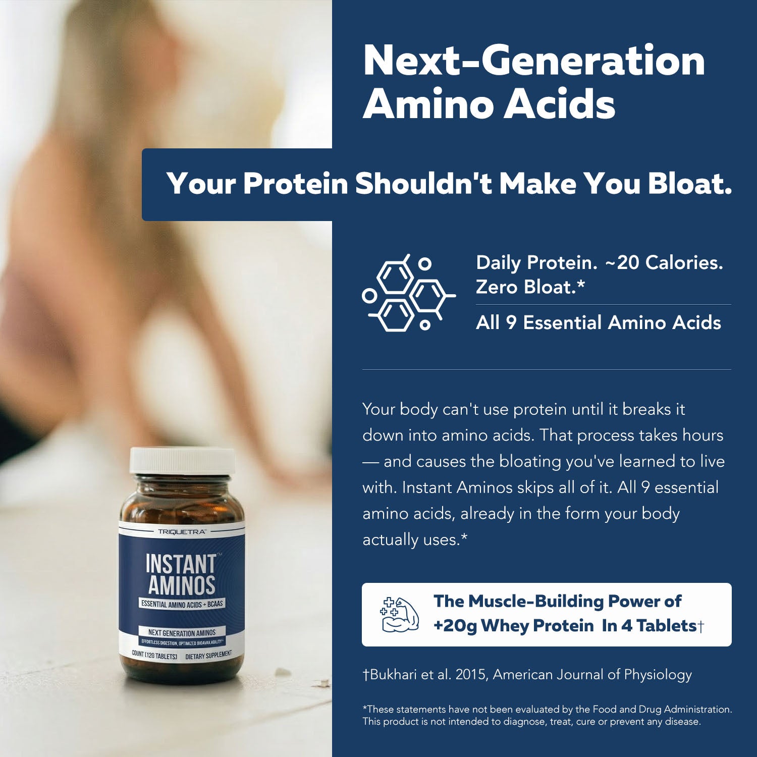 Instant Aminos essential amino acids tablets — next-generation amino acids, zero bloat, all 9 EAAs for daily protein support